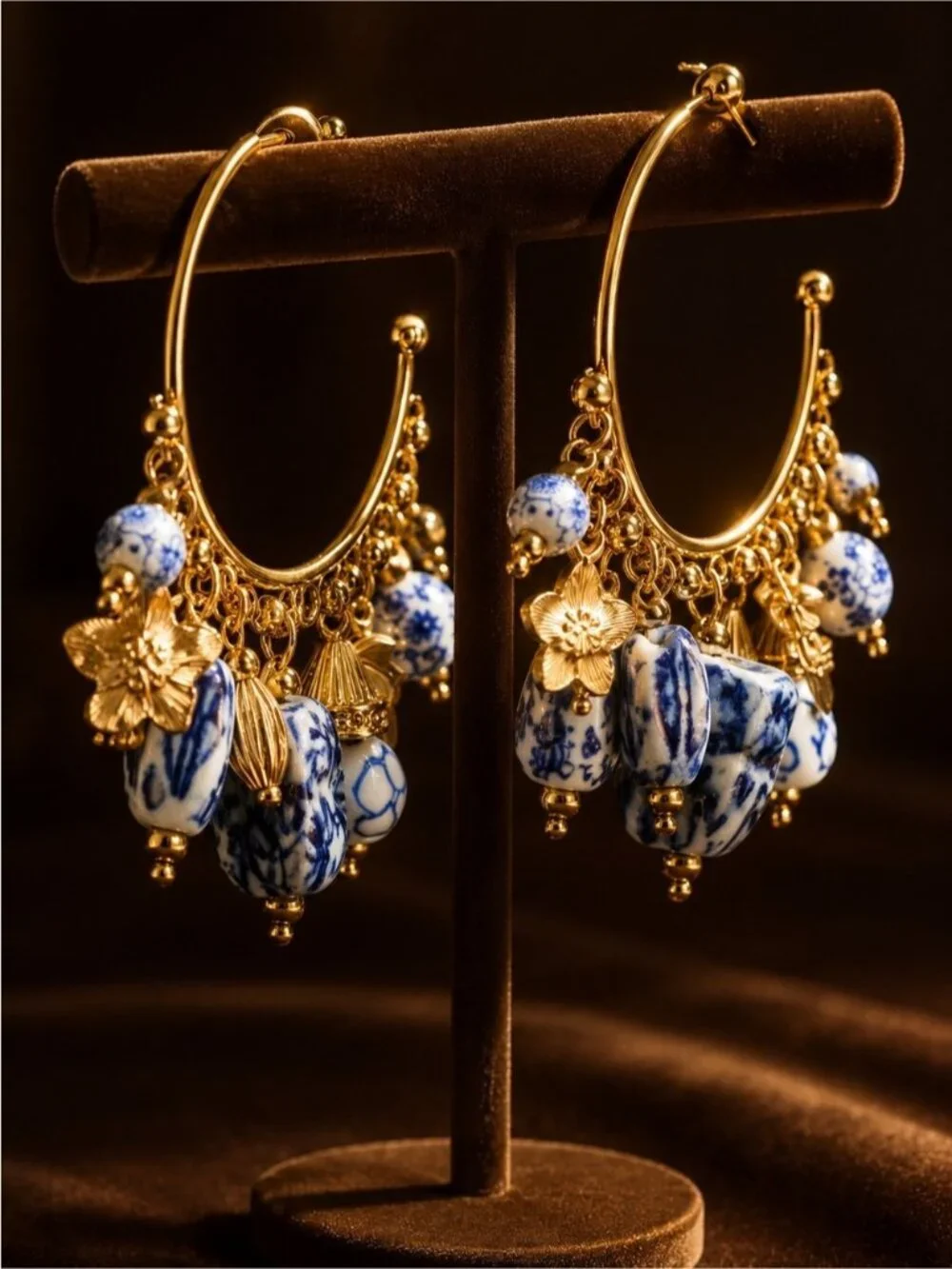 Gold Hoop Earrings with Blue and White Beads and Floral Charms